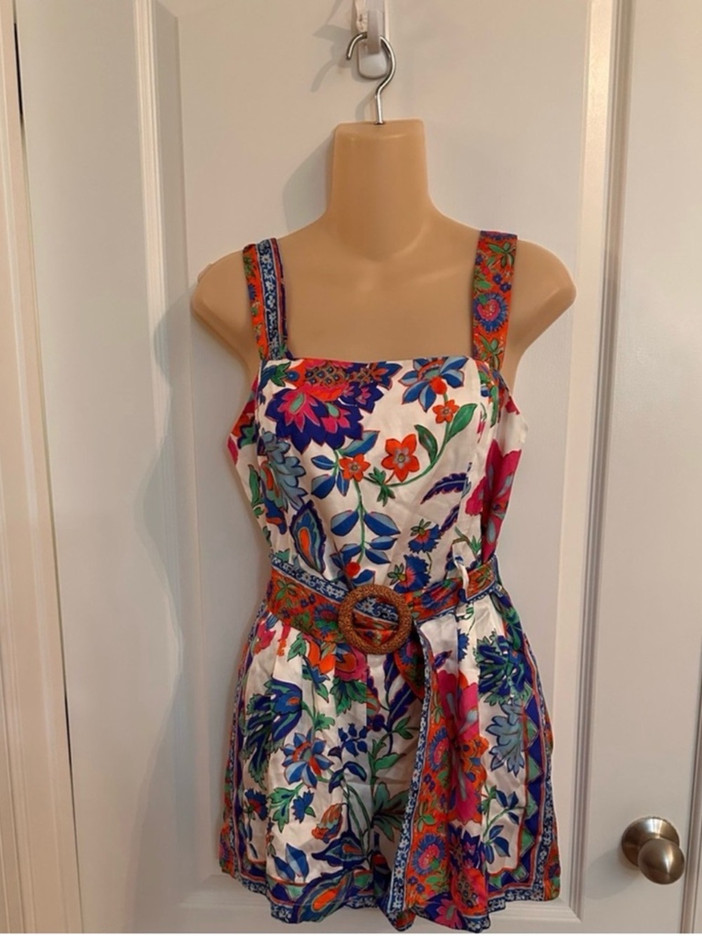 Lavender Brown White Floral Print Sleeveless Romper with Belt